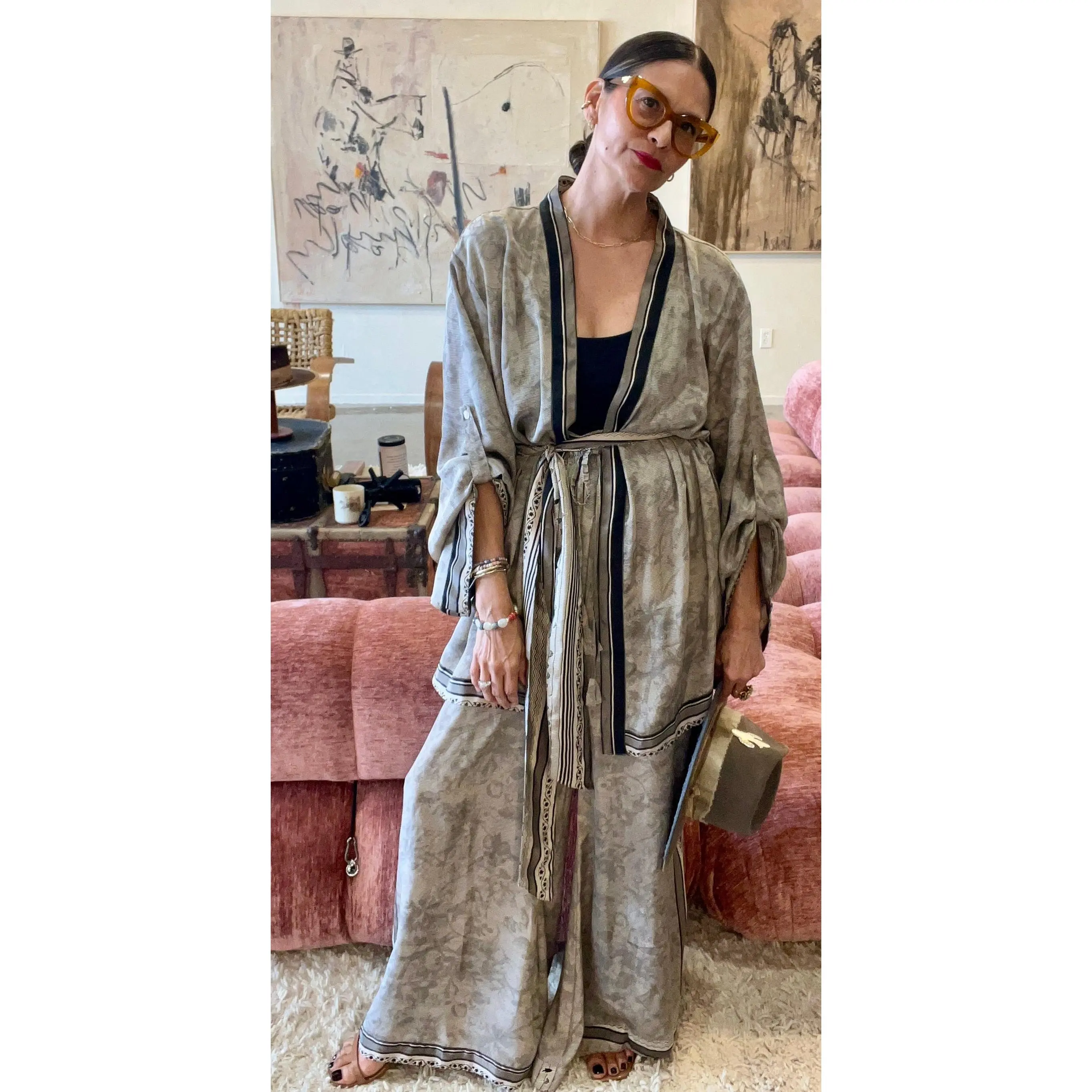 One-of-a-Kind Vintage Silk Kimono Robe Top & Wide-Leg Pant Set | Repurposed Resort Wear