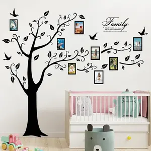 Large Family Photo Tree Wall Sticker 3D Peel and Stick Vinyl Photo Frame Tree Wall Decals Removable Quotes Leaf and Birds Wall Decor for Home
