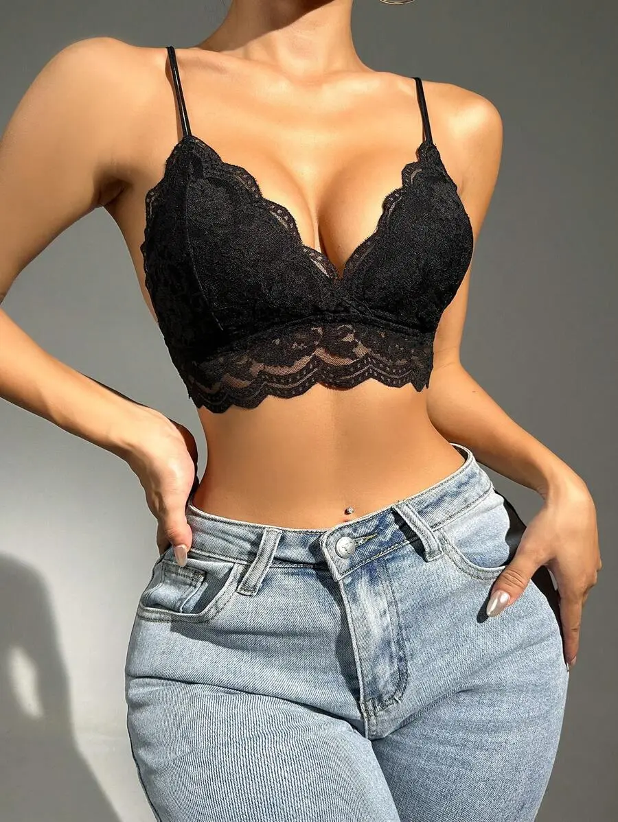 Floral Lace Scallop Trim Bralette Lingerie