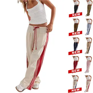 Tanming Women's High-Rise Loose Fit Khaki Cargo Pants with Adjustable Drawstring Waist & Side Stripes for Casual & Athletic Wear
