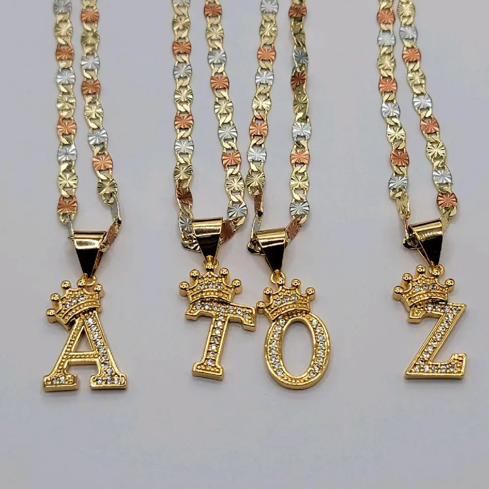 Letters with Crown and Clear Stones A to Z 18k color, Chain  3 color 24 & 18 Inches 4mm Laminated Gold Necklace.