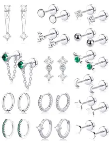 15 Pairs Tiny Silver Stud Flat Back Earrings For Multiple Piercing 20G Stainless Steel Cartilage Earrings Stacks Ball CZ Emerald Green Small Hoop Earrings Sets Helix Piercing Jewelry For Women Ear Studs