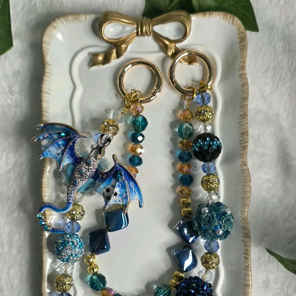 Blue Ice Dragon Purse Charm - Crystal Beaded Bag Chain, Kawaii Keychain, Stylish Keychain with Adjustable Straps, Everyday Carry Backpack Tag Fantasy Accessory
