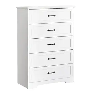 White 5-Drawer Dresser Cabinet with Metal Handle and Anti-Collapse Safety Design Vertical Dresser Cabinet for Bedroom Entryway Living Room