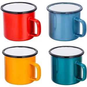 Coffee Mug Set of 4, Enamel Drinking Mugs Cups for  Use/Office/Party or Camping, Bright Colors and Classic Look - 12 ounce