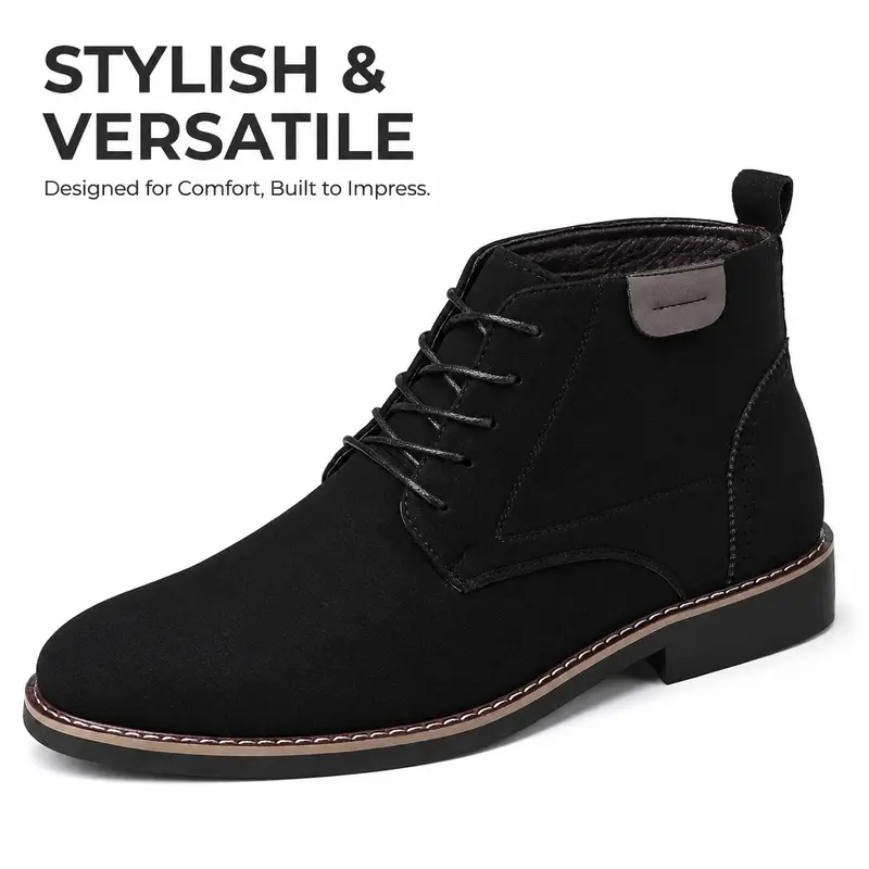 Men's Soft Closed Fabric Microsuede Lace-Up Brogue Dress Boots - Pointed Toe, Perforated Detail, Classic Chukka, Fashionable Work Shoes, Minimalist Casual All-Season Footwear for Office Wear (Black, Brown)
