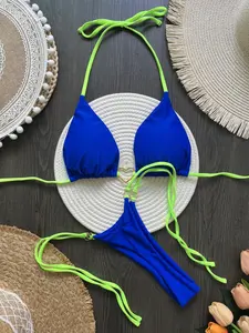 Two-piece Set Women's Colorblock Bikini Set, Casual Halter Swim Bra & Tie Side Swim Panty, Two-piece Swimsuit for Swimming Beach Holiday Vacation, Bikinis Sets, Ruched Halter Swimsuit, Ruched Bikini Bottoms