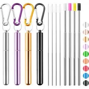 4 Pack Portable  Metal Straw Collapsible Stainless Steel Drinking Straw Telescopic Straw to Drink Water Smoothie with Aluminum Key-chain Case & Cleaning Brush (Black &  & purple & )