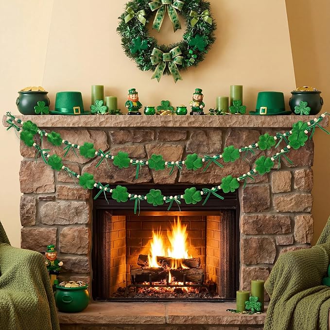 St. Patrick's Day Shamrock Garland Decorations 4.92 ft Velvet Shamrock Hanging Banners with Wood Bead & Bow, Luck Of The Irish Clover Garland Green Decor St.Paddys Party Holiday Fireplace Mantel Indoor Wall Home Decor