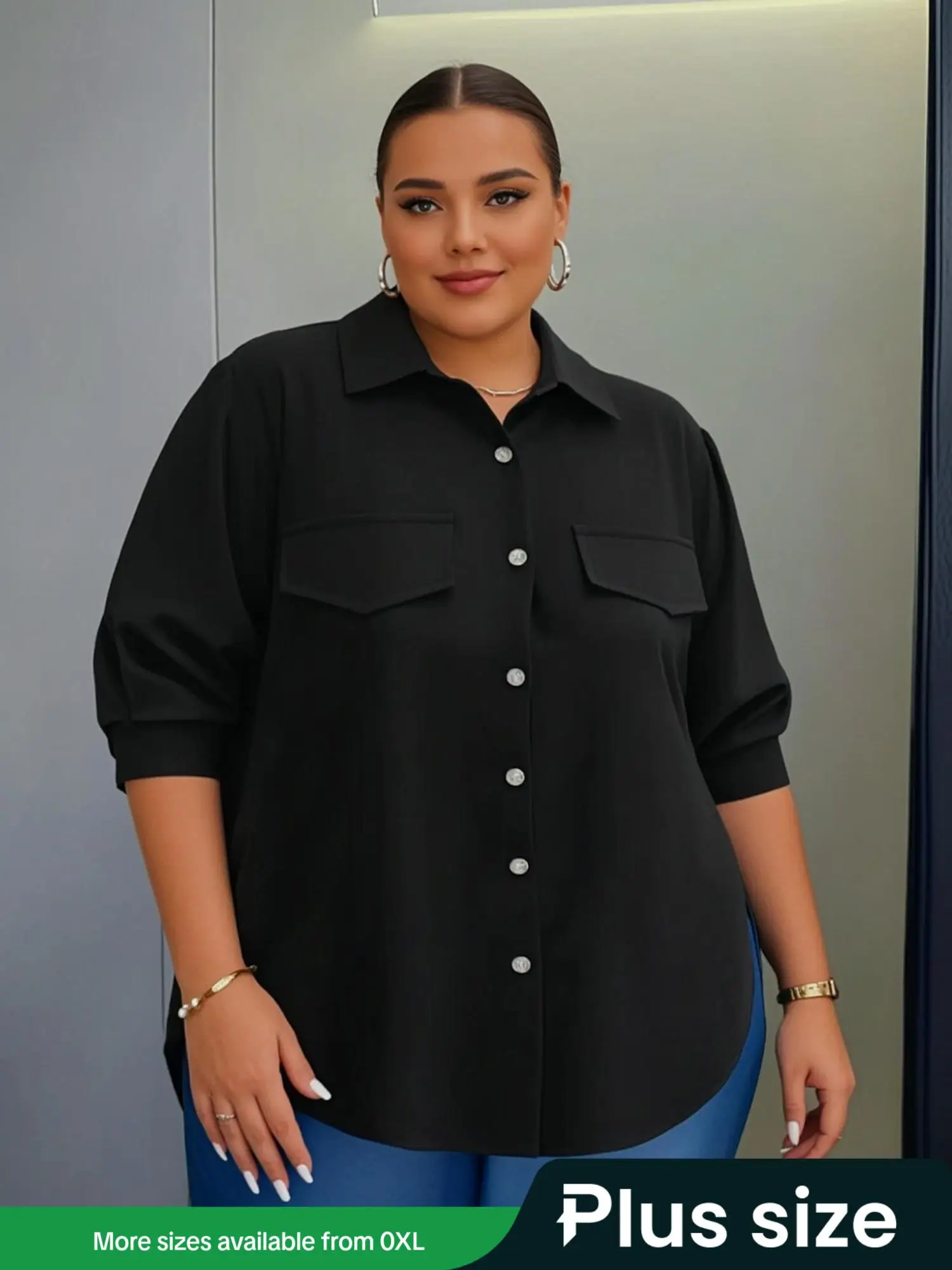 【Plus Size】 Minimalist Plain Button Front Longsleeves Blouse, Lady Basic Casual Long Sleeve Solid Button Front Collared Shirts for Daily Wear, Casual