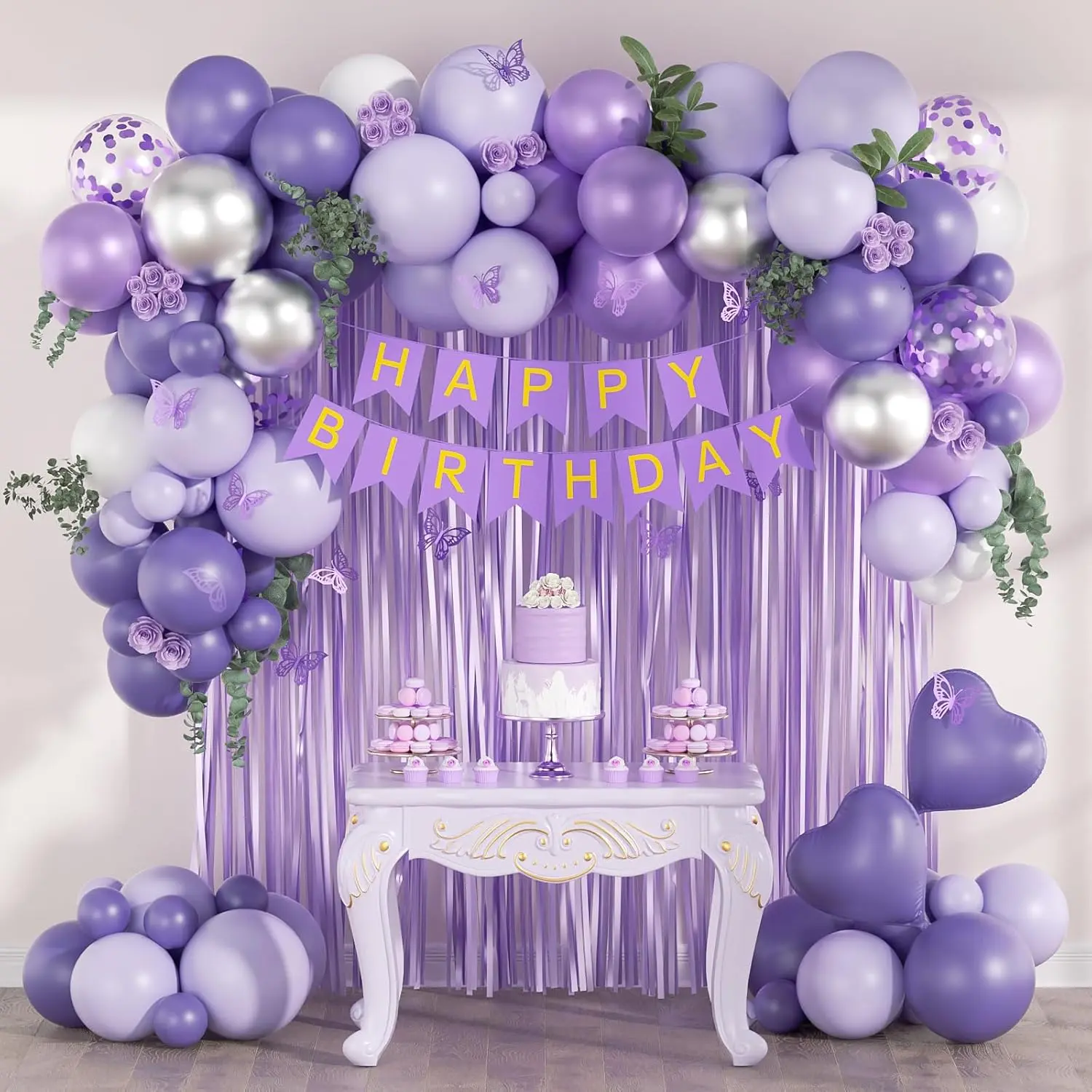 Festive Balloon Decor Set - Metallic Silver, White, Lavender, Purple Balloons, Square Alphabet Letters, Print Banner, Cake Topper, Fringe Curtains, Elastic Band for Birthday, Christmas, Housewarming & Other Wood-Accent Party Supplies, Cake Decorative