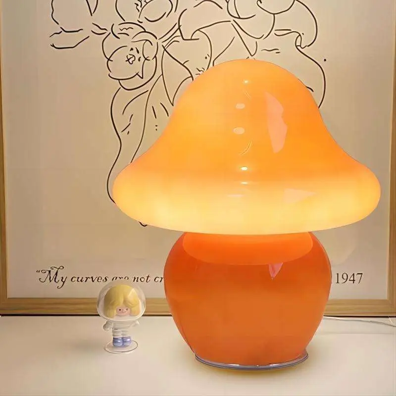 Cute Glass Metal Mushroom Mood Light - Orange Rechargeable Touch Control Lamp, 3 Color Adjustable Modes, 85-265V, Aesthetic Bedroom Bedside Table Decor for Birthdays