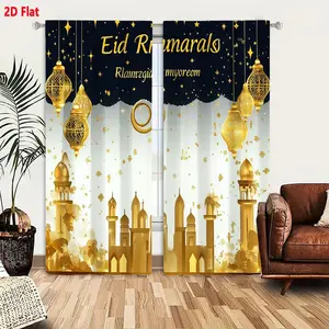 2D Flat   Eid Ramadan Decorative Curtain 2-Piece Set, Golden Mosque & Crescent Moon Pattern, Blue Gradient Background, Festive Lanterns & Stars Design, Light Filtering Blackout Curtains for Bedroom Living Room Home Decoration