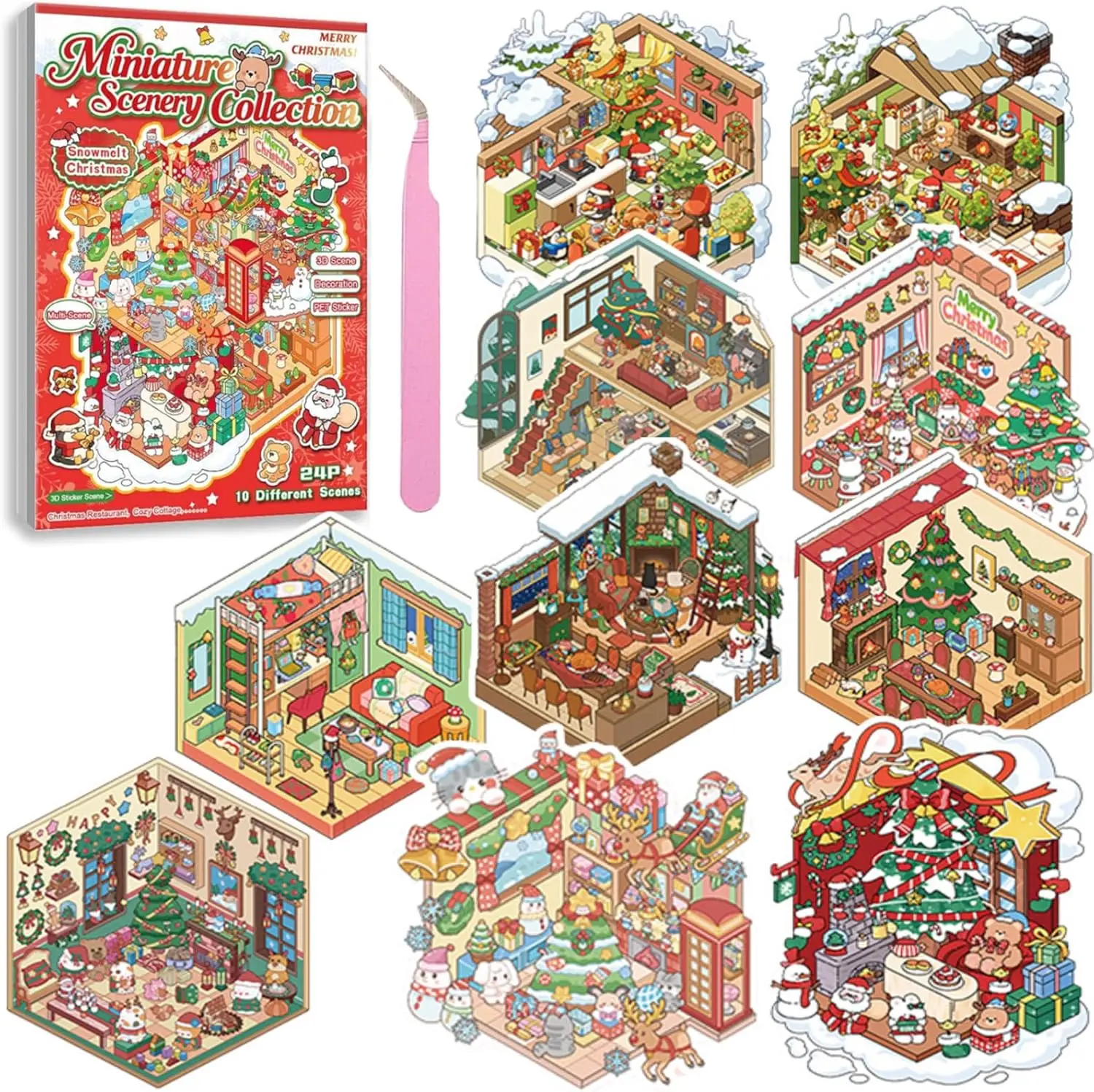 Halloween Gift Christmas Sticker Book Collection, 10 Sets 3D Christmas Stickers, DIY 3D Miniature House Stickers Collection Book, Make Gifts for Adults and Kids, Fun Simulated Scene Game for Girls