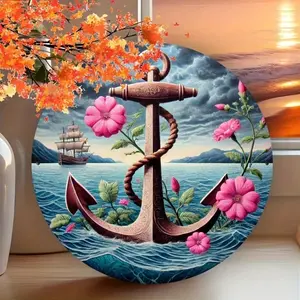 Aluminum Nautical Anchor Wall Art with Floral Sailboat Engraving 8 Inch Round Home Decor for Living Room Bedroom Coastal Decor