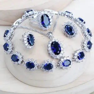 Women's Bridal Jewelry Set Blue Zirconia Wedding Necklace Earrings Rings Bracelets Pendant - Fine Costume Jewellery