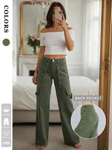 1 Pair Women's Army Green Jeans with Button, Large Pockets, Fitted Straight Leg, Cotton Denim, Denim Bottom, Casual Vintage Style, All Seasons Wear/ Outdorr activities/ Gathering