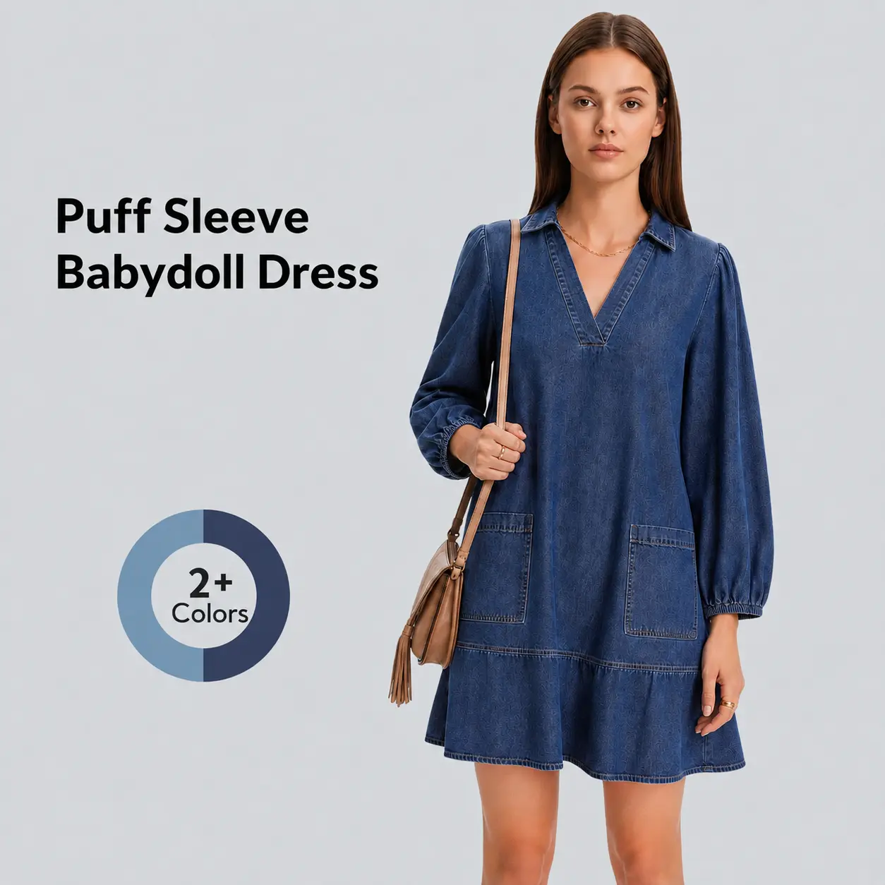 FireSwan Women's V-Neck Puff 3/4 Long Sleeve Denim Babydoll Dress, Casual Loose Soft Cotton Casual Wear, Flattering for All Body Types, Denim Dresses