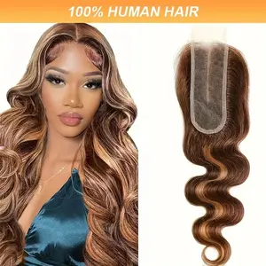 Fashionable New HD Transparent Lace Closure for 2x6 Body Wave, Honey Blonde Highlight Ombre Brown and Blond, Pre-Plucked with Baby Hair, # P4/27 Real Human Hair, Pre Plucked Lace Closure