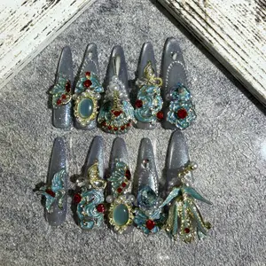 The Phoenix’s Call Golden Blue Red Luxury Press On Nails