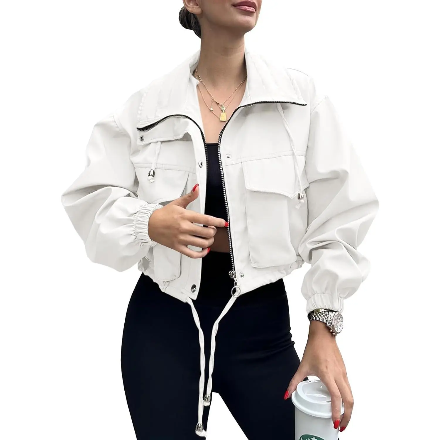 Imily Bela Essentials Womens Cropped Jacket Zip Up Lightweight Oversized Utility Anorak Coat with Pockets