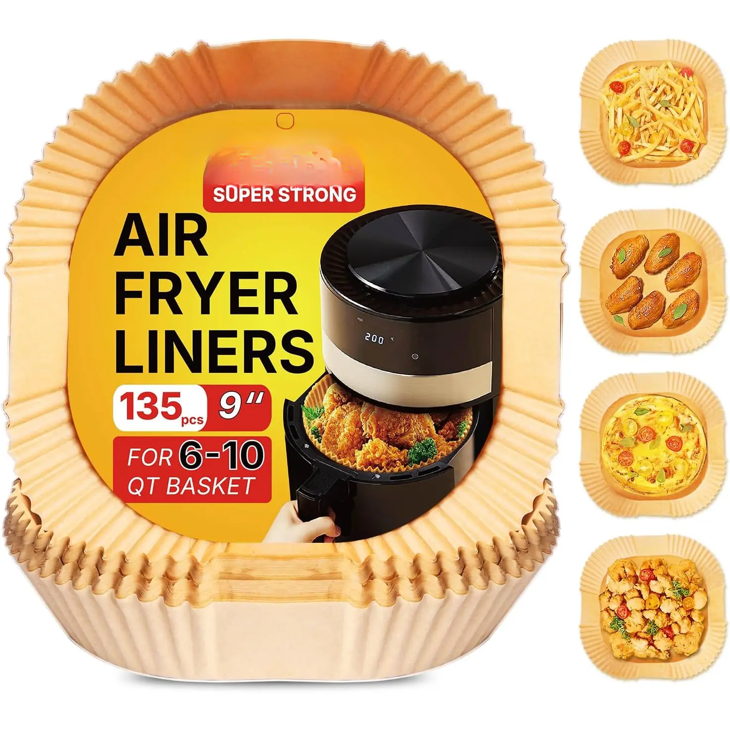 Large Air Fryer Liners Disposable 135 count, 9 Inch Unbleached  Paper Sheets,  Grade Non-Stick and Oil Resistant for Baking Griling, 6-10 QT Airfryer Basket Linker, Square