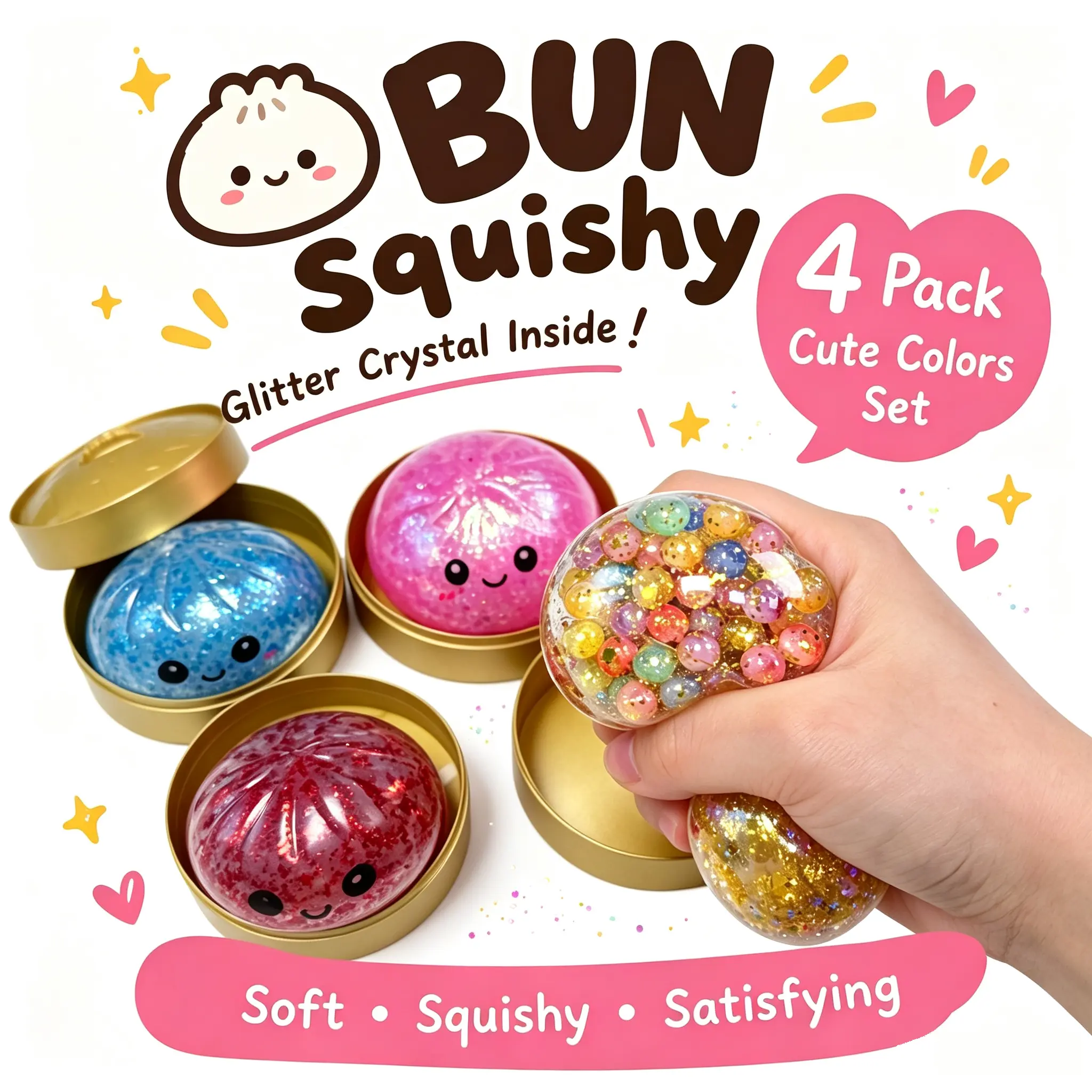 Dumpling Squishy 4 Pack Cute Colors Set with Glitter Crystal Inside Soft Squishy Satisfying Stress Relief Toy Stress Relief Balls Fidget Sensory Toy, SoftSqueeze Decompression Dough for AdultsGifts, kid birthday gift、Office Desk Decordaysurprise gift