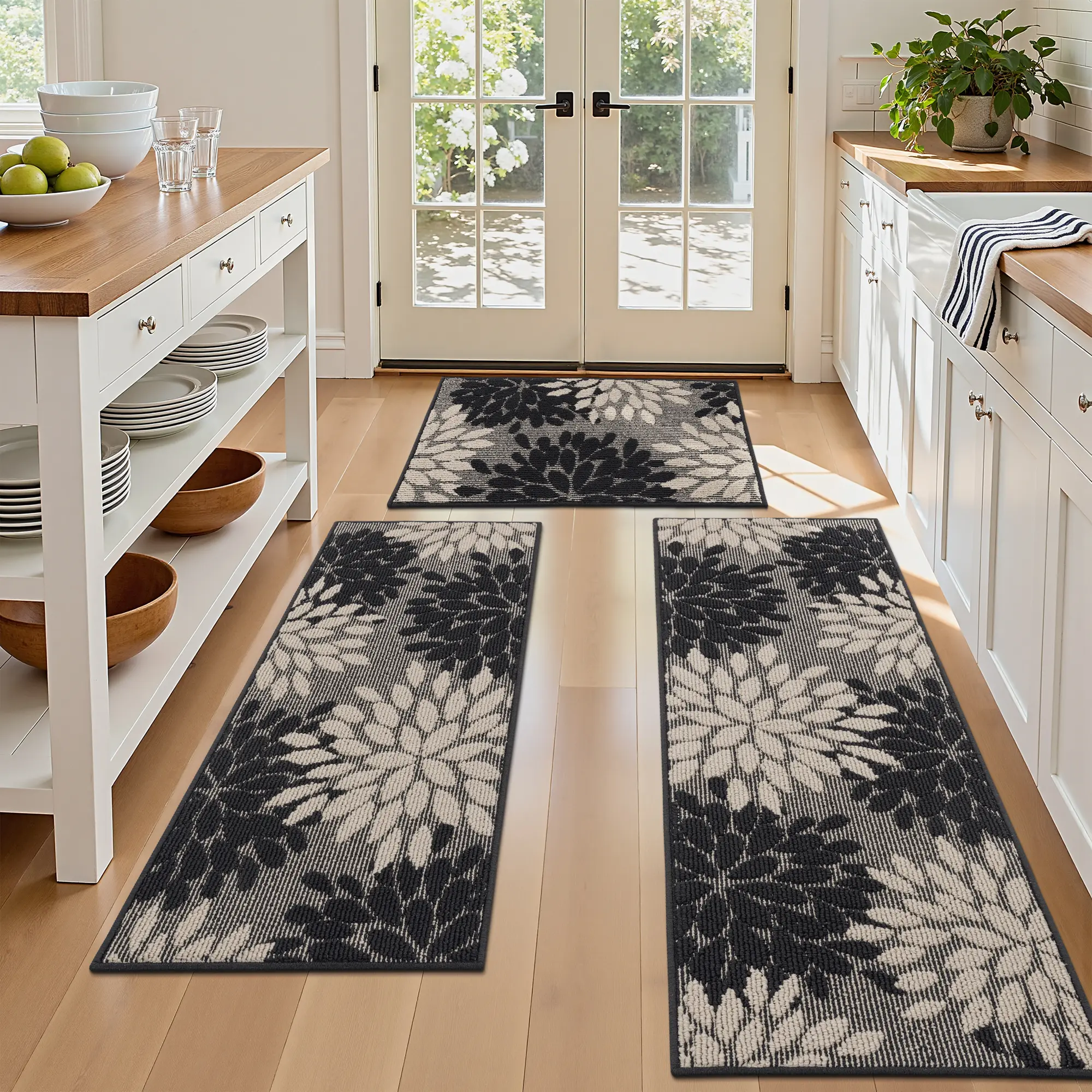 [Summer Sale Deals] HEBE Washable Floral Kitchen Rug Sets of 3, Non Slip Kitchen Mats for Floor, Soft Machine Washable Kitchen Rug Runner, Farmhouse Kitchen Floor Carpet for Kitchen, Laundry