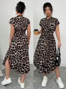 Elegant Vintage Leopard Print Dress with Button Side Pockets, Casual Short Sleeve Shoulder Strap, Belted, Perfect for Daily, Casual Wear