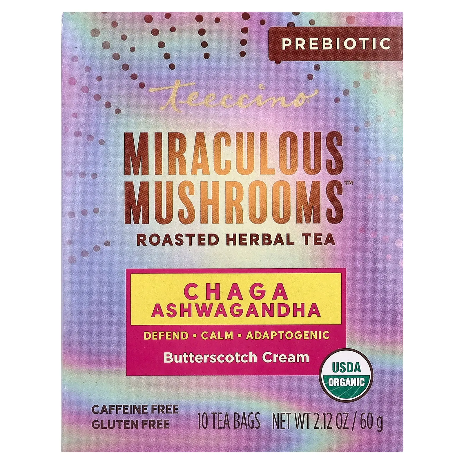 Teeccino Miraculous Mushrooms™, Roasted Herbal Tea, Butterscotch Cream, Caffeine Free, 10 Tea Bags, 2.12 oz (60 g)
