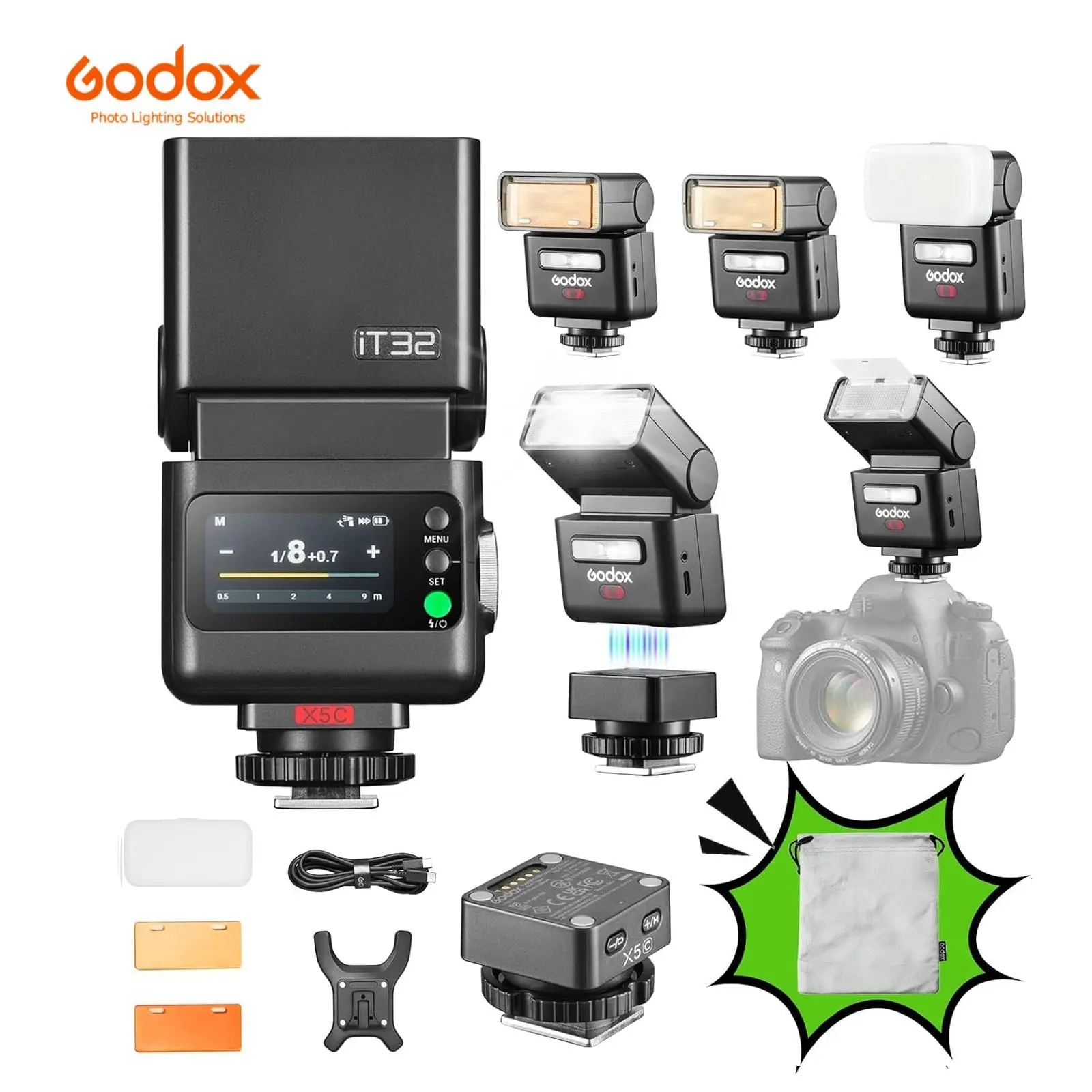 Godox IT32 TTL Touchscreen Speedlight Flash with X5C Trigger for Canon Cameras, 2.4G Wireless, HSS, GN18, 1.5s Recycle Time, Magnetic Interface, LED Modeling Lamp, On/Off Camera Flash Accessories for Wedding, Portrait, Lithium Battery, Cells