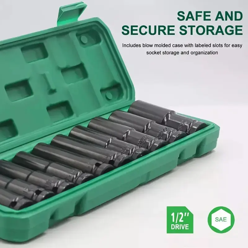 10-Piece Electric Wrench Socket Set, Power Tool Kit with Impact Wrench Adapter, Handheld Hex Socket Set 10-24mm, Carbon Steel, Portable Storage Box Included, High Torque Wrench, Heavy Duty Hardware