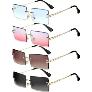 4 Pairs Rimless Rectangle Sunglasses Set,Frameless Square Glasses,Vintage Transparent Eyewear for Women Men,Halloween Christmas Party Gifts,Hand Tools Kits