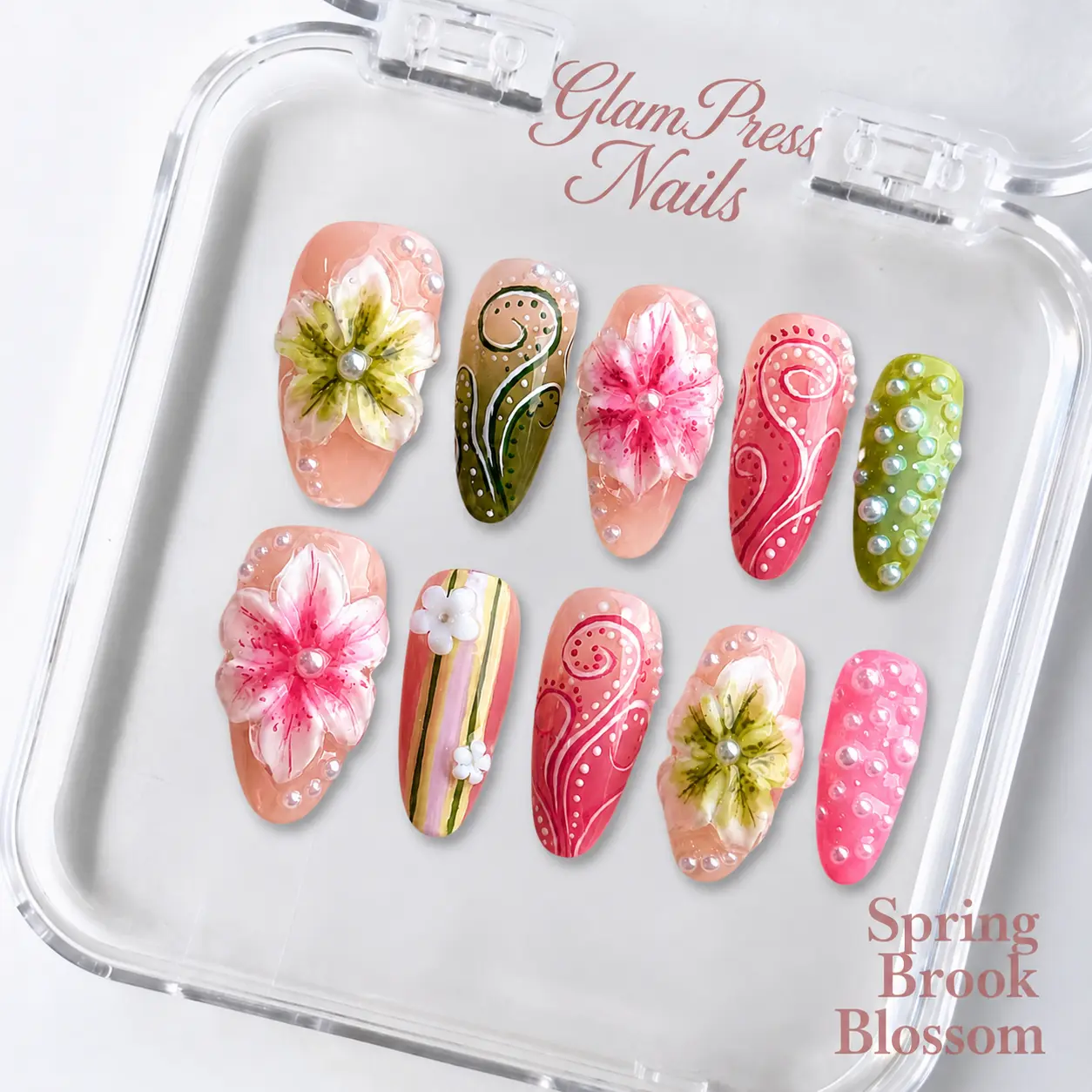 【5 Styles Optional】Premium Press-On Nails 3D Floral Gold Foil Bow Reusable No Damage Long Lasting Whitening