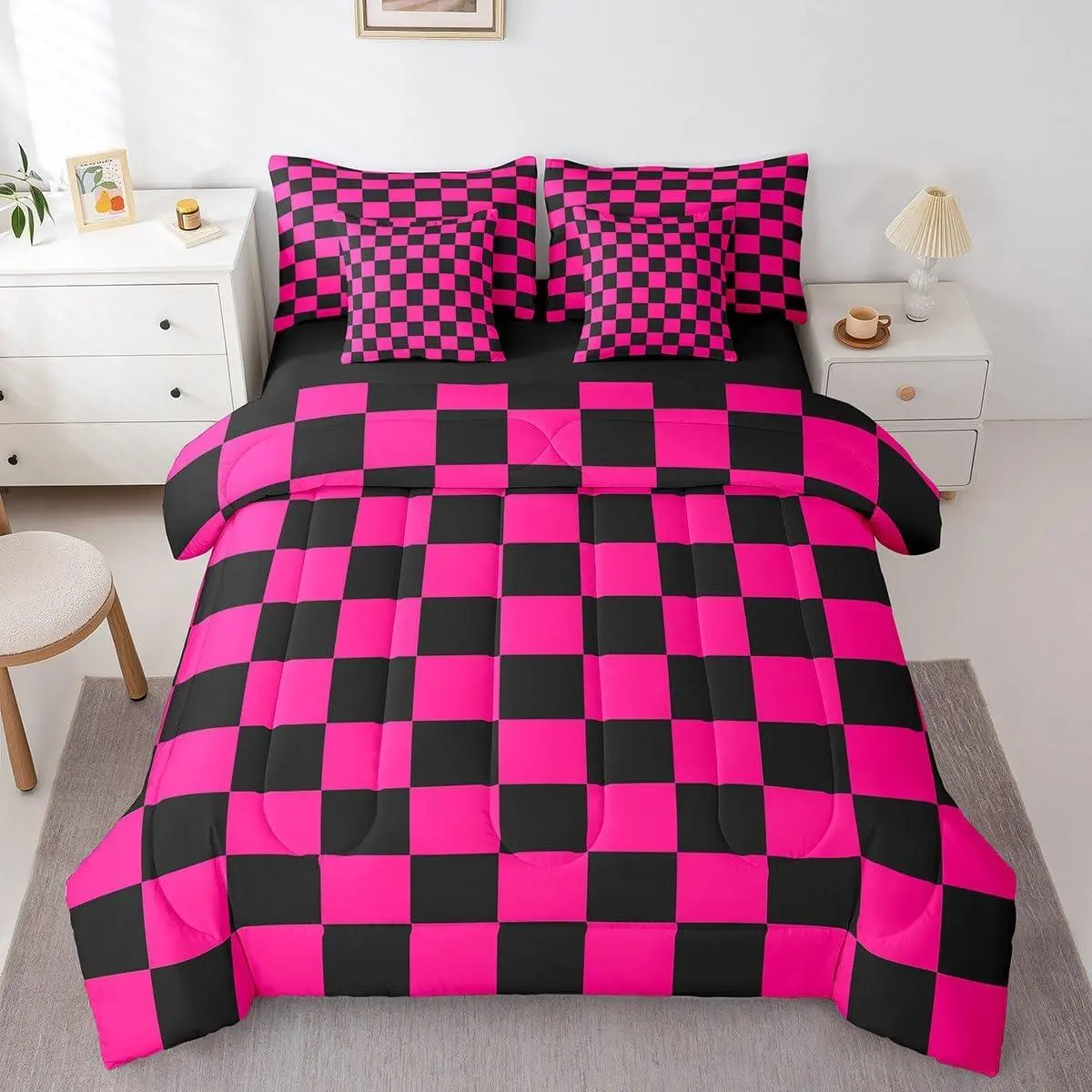 Checkered 7 Piece Bedding Set Teen Dark Red Black Plaid Comforter Set with Sheets Kids Boys Cute Retro Neutral Checkerboard Geometric Bed in a Bag Vintage Aesthetic Room Decor