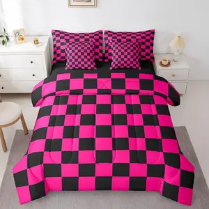 Checkered 7 Piece Bedding Set Teen Dark Red Black Plaid Comforter Set with Sheets Kids Boys Cute Retro Neutral Checkerboard Geometric Bed in a Bag Vintage Aesthetic Room Decor