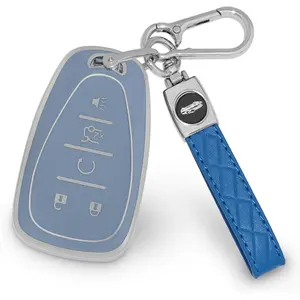 for Chevy Key Fob Cover Blue Car Key Cover Suitable for 2016-2021 Chevy Malibu Blazer Equinox Trailblazer Camaro Traverse TPU 5 Buttons Key Fob Shell for Chevy with Leather Keychain