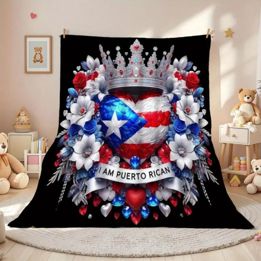 Crown Floral Puerto Rico Flag Flannel Blanket - Ultra Soft, Non-Shedding, Machine Washable, Suitable for Living Room, Bedroom, Travel, and Camping - Bright National Pride Home Decor, Cultural Aesth  Christmas gift  Dream Weave Home