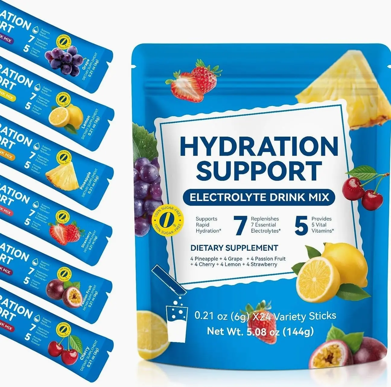 YLXYZUAD Sugar Free Electrolytes Powder Packets 24 Count Variety Pack Low Calorie Hydration Drink Mix with 7 Electrolytes & 5 Vitamins B3 B5 B6 B12 C Keto Friendly Vegan (24 Servings (Pack of 1))
