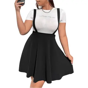 Women's Plus Size Suspender Skirt High Waist Ruffle Hem Straps Overall Pinafore Dress