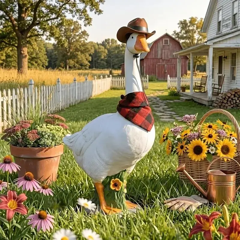 Adjustable 23" Resin Goose Statue for Porch & Garden – Realistic Hollow Design, Comes with Removable Cowboy Hat & Bandana, Stone-Look Weighted Base – Sand-Fillable for Windproof Outdoor Display