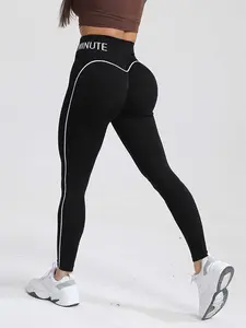 New Colorblock Letter Waist Gym Minute Seamless Skin-Tight Sports Pants High Waist Butt Lifting Yoga Pants Pilates Training Outerwear Slim Fit Yoga Pants Bum Leggings High Waisted Leggings, Fitness Workout Pants