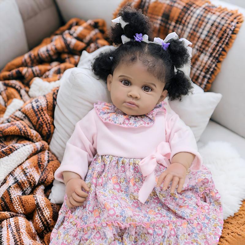 Reborn Baby Dolls 24 inch African American Black Soft Body Realistic Silicone Vinyl Toddler Dolls Real Life Baby Dolls Cloth Body Doll Toy Gift for Kids Age 3+