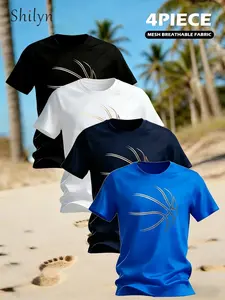 4-Pack Men's Sportswear Tees, Breathable Quick-Dry Round Neck, Reflective Stripes, Moisture-Wicking Polyester, Ideal for Running, Cycling, Gym
