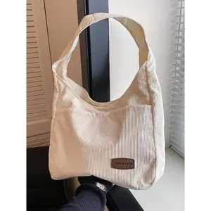 Trendy Solid Color Letter Patched Large Capacity Tote Bag, Minimalist Magnetic Closure Corduroy Shoulder Bag, Women's Dumpling Bag For Daily Used, Corduroy Hobo Bag