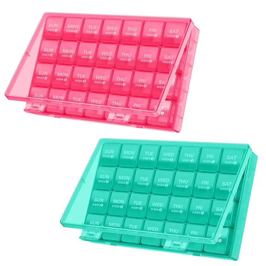 Barhon 1-2 Pack Monthly Large-Capacity Pill Organizer Premium AM PM Medicine Dispenser with 28 Compartments Vitamin & Supplement Storage Box Luxury Weekly Pill Case for Travel Health & Wellness Management