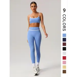 Women's Contrast Binding Crop Cami Top & High Waist Leggings Set, Casual Sleeveless Top & Skinny Pants Two-piece Outfits, Ladies Sportswear for Indoor Outdoor Wear