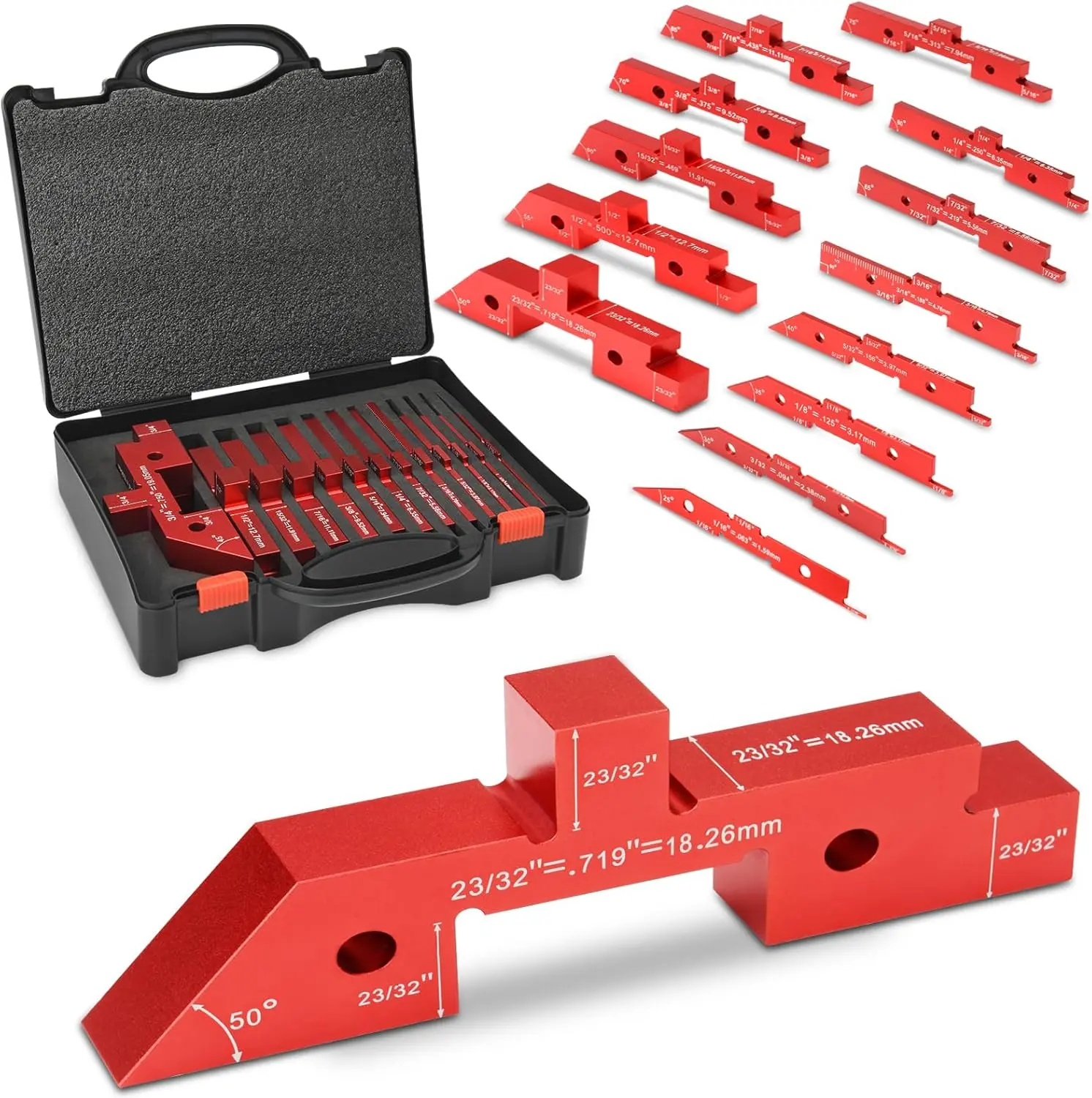 Table Setup Blocks for Woodworking, 14 count Aluminum Alloy Precision Set up Bars, Precision Height, Depth, Angle & Fence Alignment Gauge Set - Router and  Accessories with Storage Case