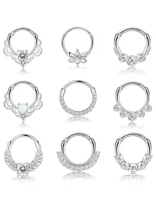 9 Pcs Colorful Gorgeous Stainless Steel Nose Rings 16G Septum Rings for Women Men Shining CZ Opal Daith Earrings Hoop Nose Rings Cartilage Helix Tragus Earrings Septum Clicker Piercing Jewerly Set