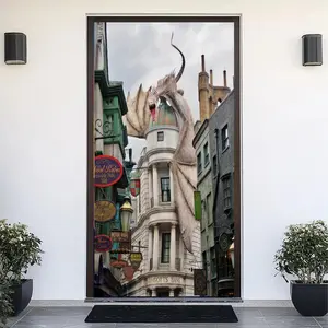 Harry Potter Themed Door Banner, 1 Count City Street Pattern Door Decoration, Washable & Reusable Door Backdrop for Home Living Room Bedroom, Ornaments